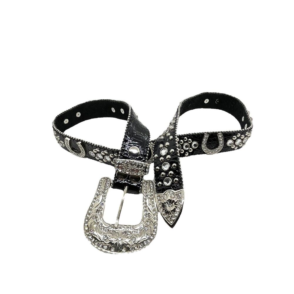 Western Cowgirl Belt Conchos Womens Leather Lucky Horseshoe Rhinestone Bling